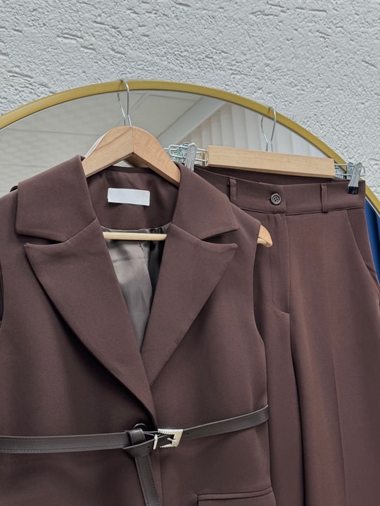Yazgı Tek Düğmeli Yelekli Pantolonlu Takım-HK0053 Kahve