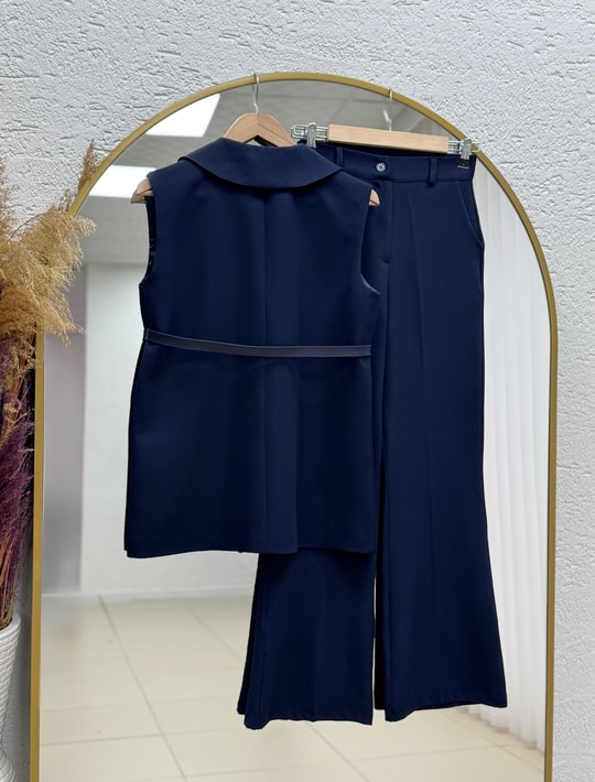 Yazgı Tek Düğmeli Yelekli Pantolonlu Takım-HK0053 Lacivert