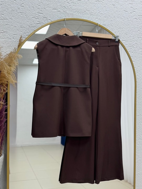 Yazgı Tek Düğmeli Yelekli Pantolonlu Takım-HK0053 Kahve