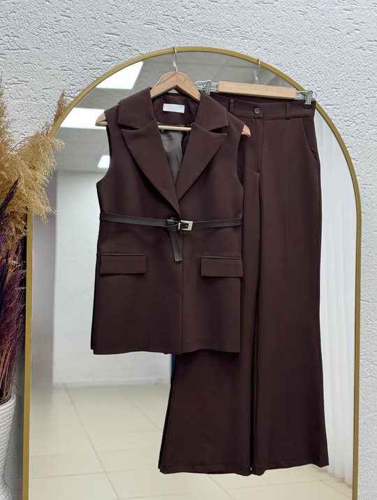 Yazgı Tek Düğmeli Yelekli Pantolonlu Takım-HK0053 Kahve