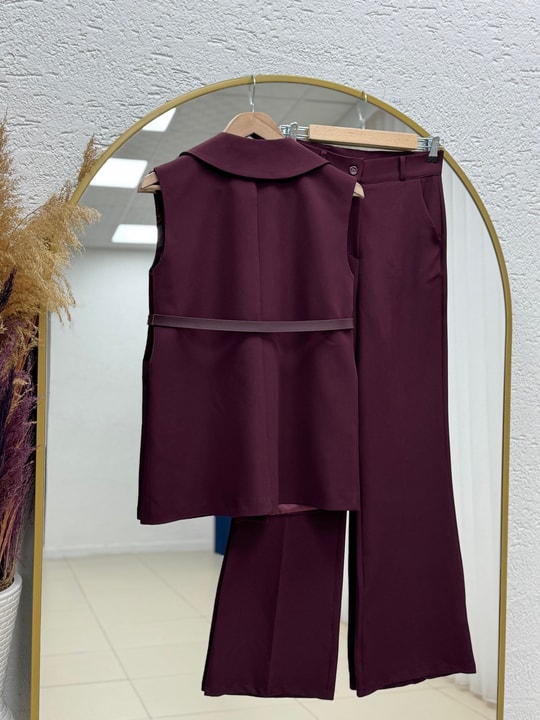 Yazgı Tek Düğmeli Yelekli Pantolonlu Takım-HK0053 Mürdüm