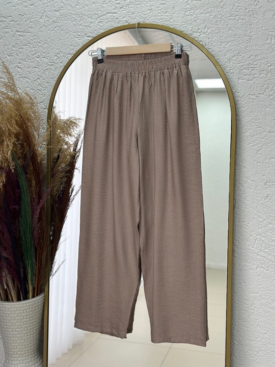 Yazlık Tesettür Pantolonlu Takım/Melesia Ön Bağcıklı Çilek Pantolonlu Takım-MF213 Vizon
