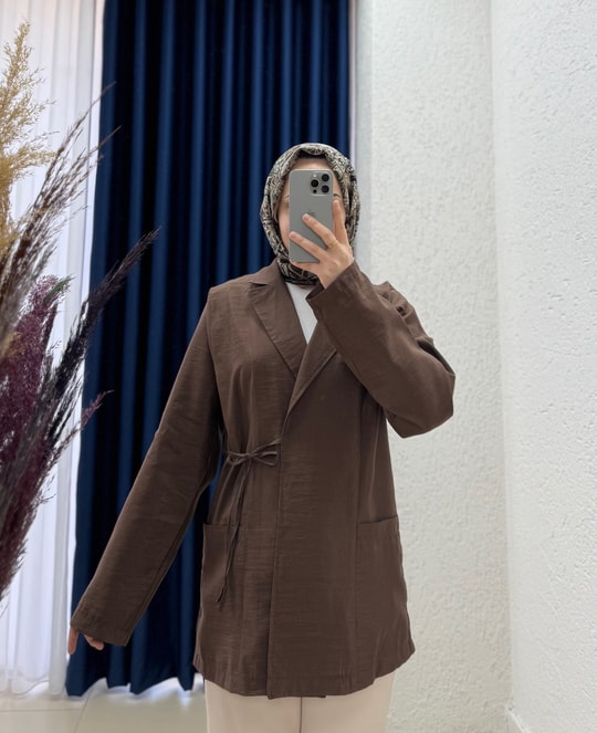 Yelinda Bağlamalı Biyeli Ceket-BN8610 Kahve