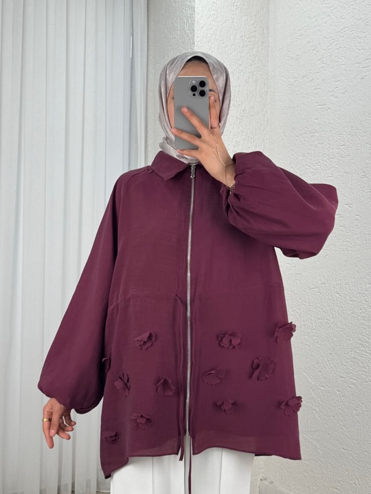 Yeşne Çiçek Detaylı Kol Ucu Lastikli Ceket-ML009 Bordo