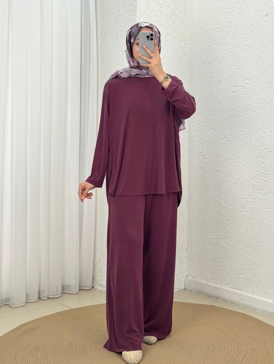 Yonca Yanları Yırtmaçlı Çımalı Pantolonlu Takım-NL764 Mürdüm