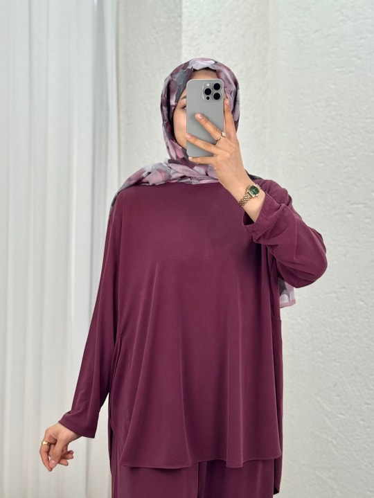 Yonca Yanları Yırtmaçlı Çımalı Pantolonlu Takım-NL764 Mürdüm