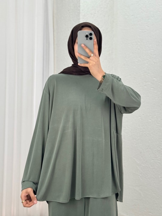 Yonca Yanları Yırtmaçlı Çımalı Pantolonlu Takım-NL764 Haki