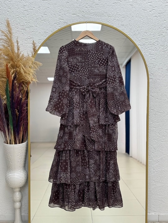 Yüksel Katkatlı Desenli Şifon Elbise-BN4627 Kahve