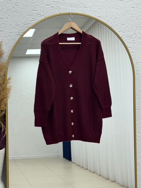 Yüsa Delikli Triko Hırka-KR5078 Bordo