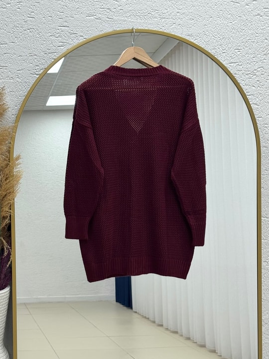 Yüsa Delikli Triko Hırka-KR5078 Bordo