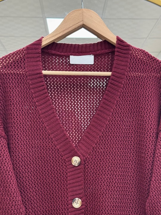 Yüsa Delikli Triko Hırka-KR5078 Bordo
