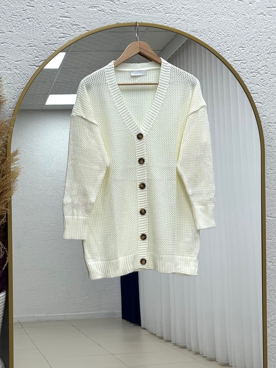 Yüsa Delikli Triko Hırka-KR5078 Ekru