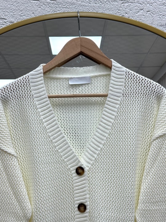 Yüsa Delikli Triko Hırka-KR5078 Ekru