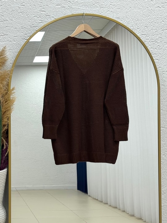 Yüsa Delikli Triko Hırka-KR5078 Kahve