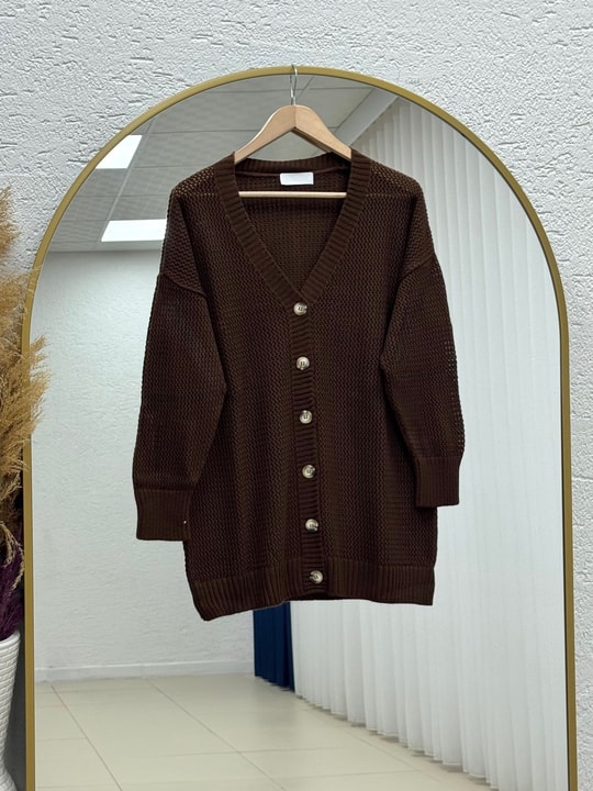 Yüsa Delikli Triko Hırka-KR5078 Kahve