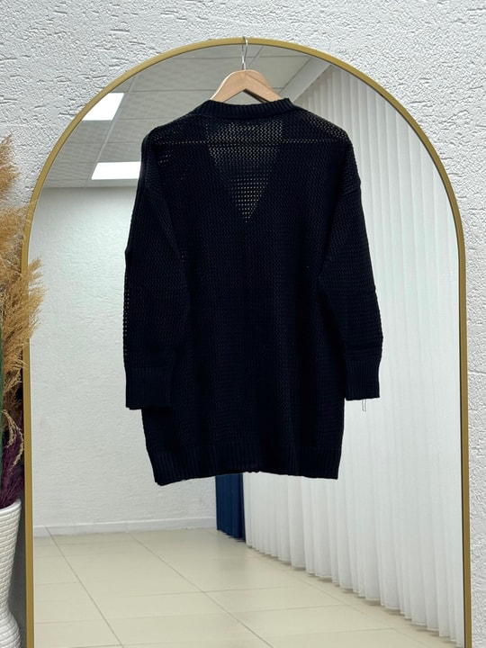 Yüsa Delikli Triko Hırka-KR5078 Siyah