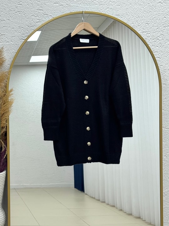 Yüsa Delikli Triko Hırka-KR5078 Siyah