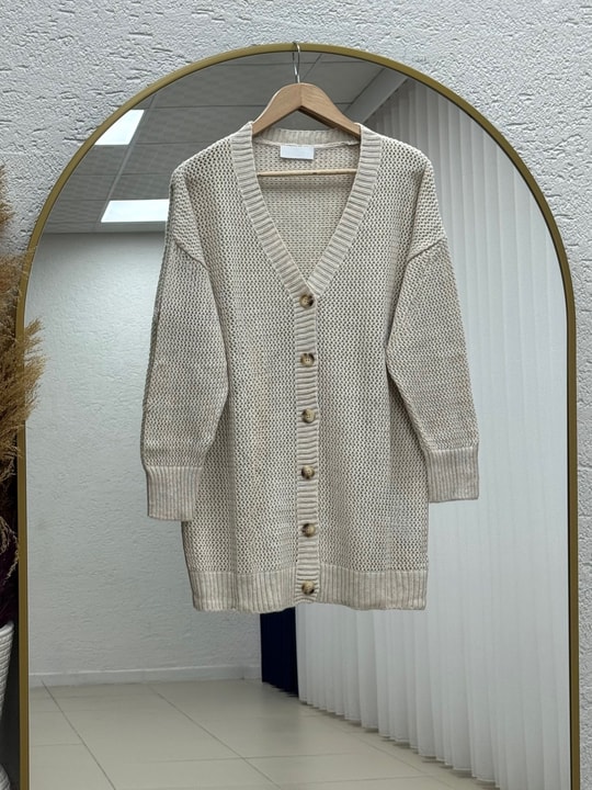 Yüsa Delikli Triko Hırka-KR5078 Taş