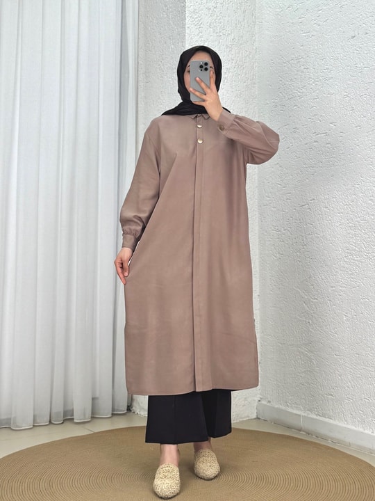 Zemheri  Metal Düğmeli Yırtmaçlı Tunik-GS531 Sütlü Kahve