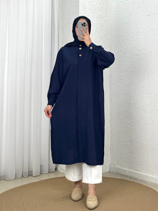 Zemheri  Metal Düğmeli Yırtmaçlı Tunik-GS531 Lacivert