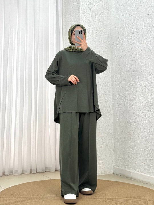 Zennur Yanları Yırtmaçlı Dikişli Pantolonlu Takım-MF1876 Haki