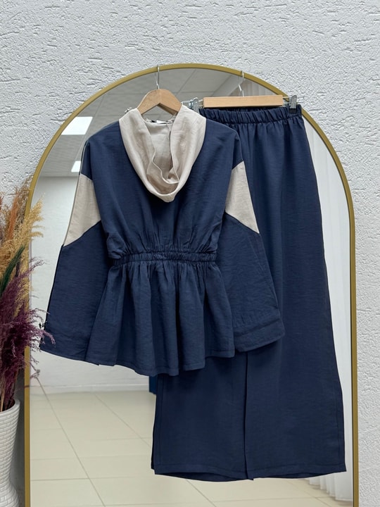 Zergül Kapşonlu Beli Sıkmalı Pantolonlu Takım-PN3149 Lacivert