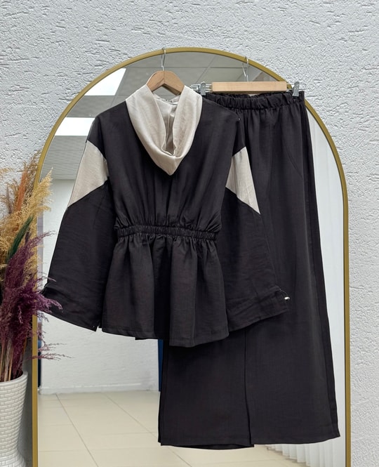 Zergül Kapşonlu Beli Sıkmalı Pantolonlu Takım-PN3149 Kahve