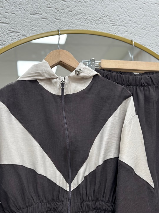 Zergül Kapşonlu Beli Sıkmalı Pantolonlu Takım-PN3149 Kahve