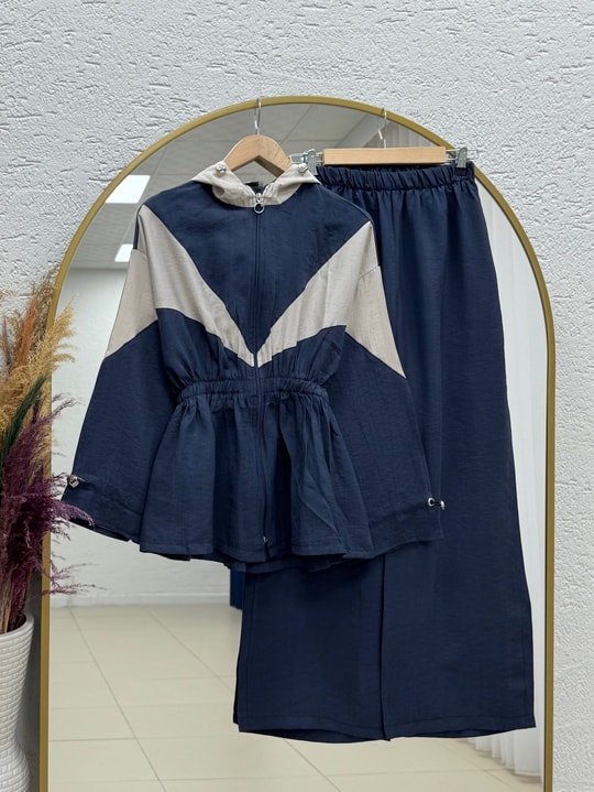 Zergül Kapşonlu Beli Sıkmalı Pantolonlu Takım-PN3149 Lacivert