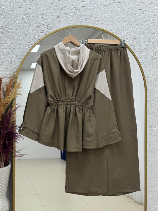 Zergül Kapşonlu Beli Sıkmalı Pantolonlu Takım-PN3149 Yağ Yeşili
