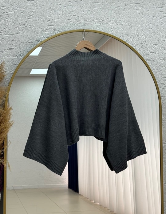 Zinnur Geniş Kol Triko Tunik-KR5076 Antrasit