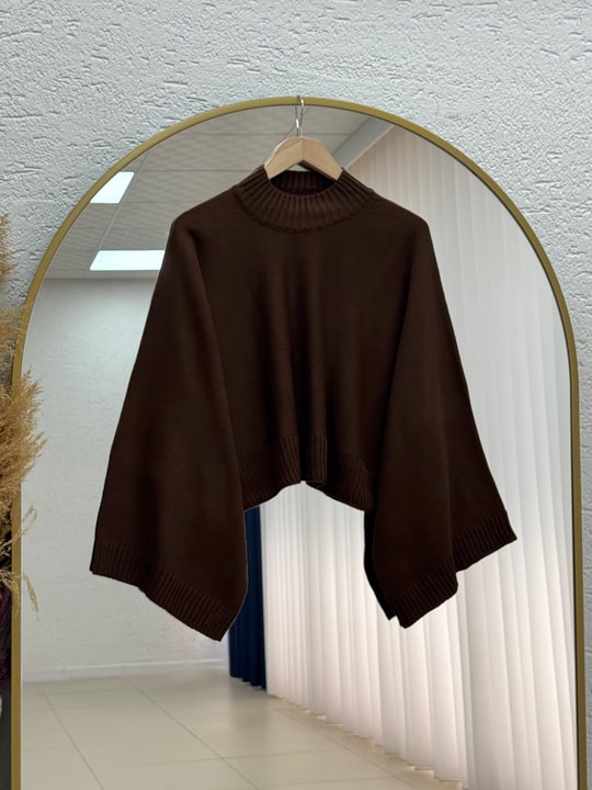 Zinnur Geniş Kol Triko Tunik-KR5076 Kahve