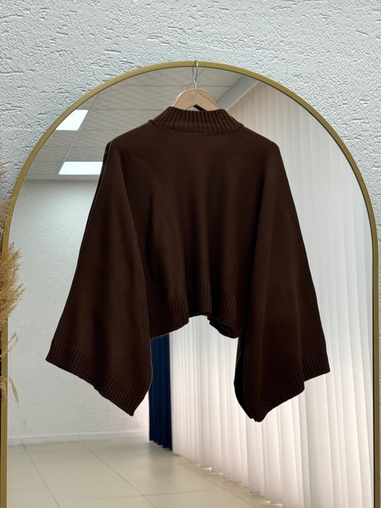 Zinnur Geniş Kol Triko Tunik-KR5076 Kahve