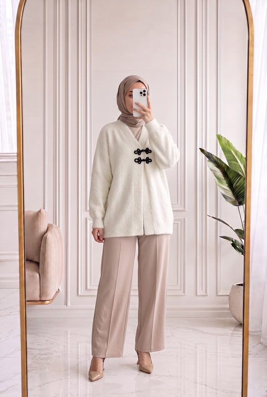 Zülnur Çift Aksesuar Detaylı Yumoş Hırka-KR6033 Ekru