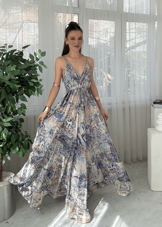 Aloha Lacivert  Etnik Desen İpek Elbise 