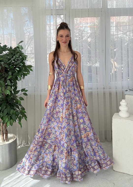 Aloha Lila Etnik Desen İpek Elbise 