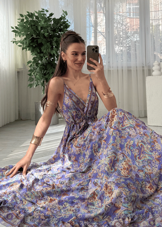Aloha Lila Etnik Desen İpek Elbise 