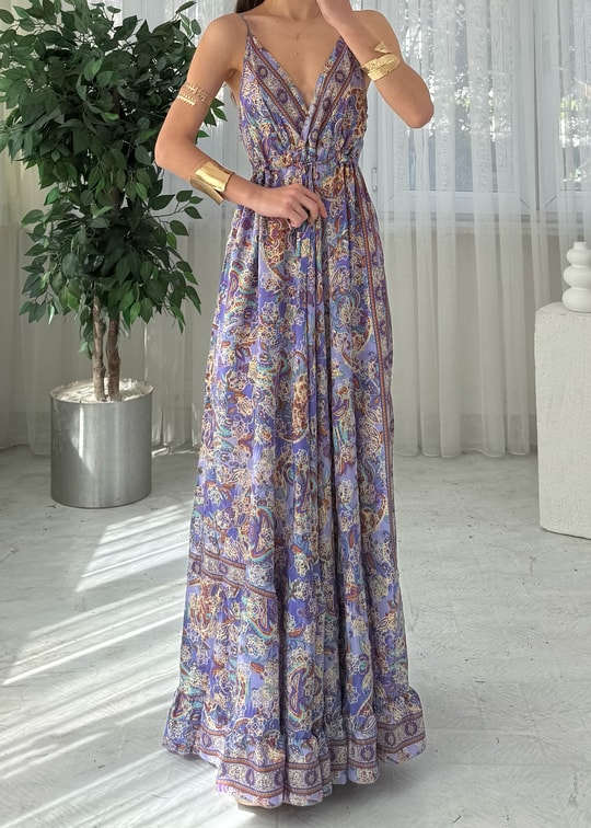 Aloha Lila Etnik Desen İpek Elbise 