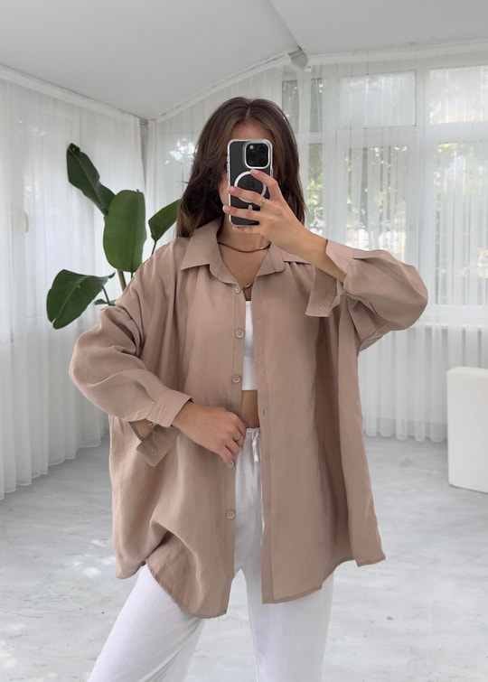 Bej Tensel Oversize Gömlek