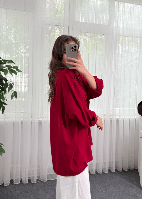 Bordo İthal Ayrobin Tek Cepli Oversize Gömlek 