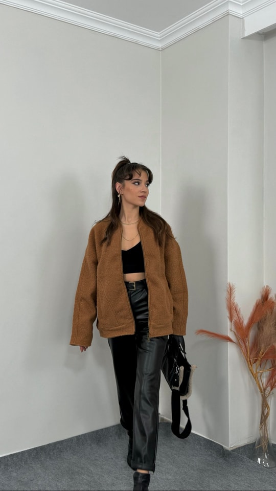 Camel Buklet Kumaş Oversize Ceket