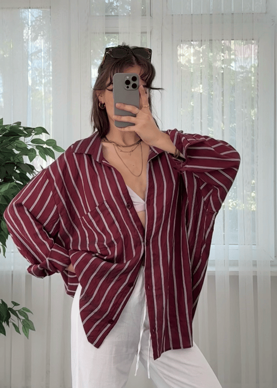 Çizgili Bordo Crush Gömlek