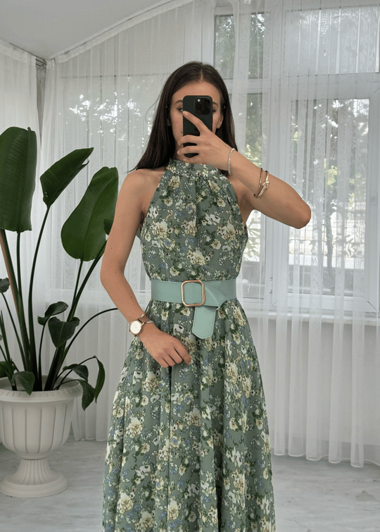 Diana Şifon Kemer Aksesuarlı Mint Yeşili Midi Elbise