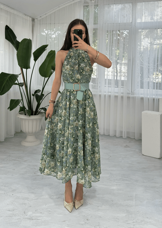 Diana Şifon Kemer Aksesuarlı Mint Yeşili Midi Elbise