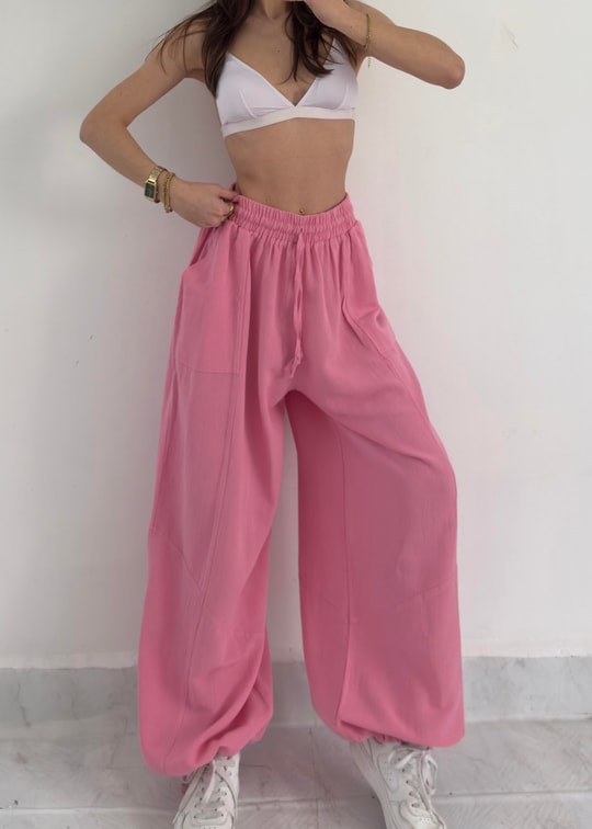 Erato Pembe Tasarım Keten Kargo Cep Pantolon