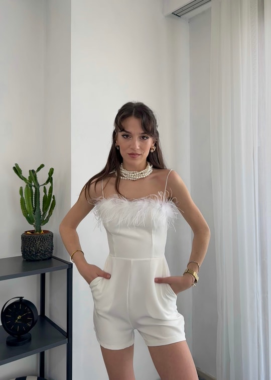 Fiona Beyaz Yaka Tüylü Şort Tulum