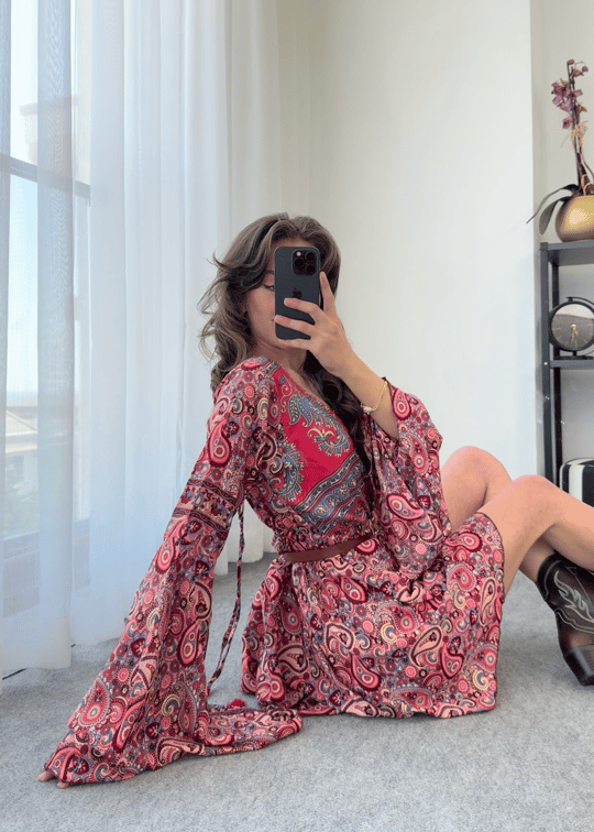 Liana Fuşya Şal Desenli Mini Sırt Dekolteli İpek Elbise