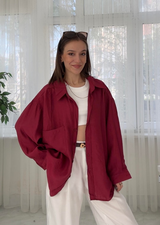 Glodi Bordo Düşük Omuz Oversize Gömlek 