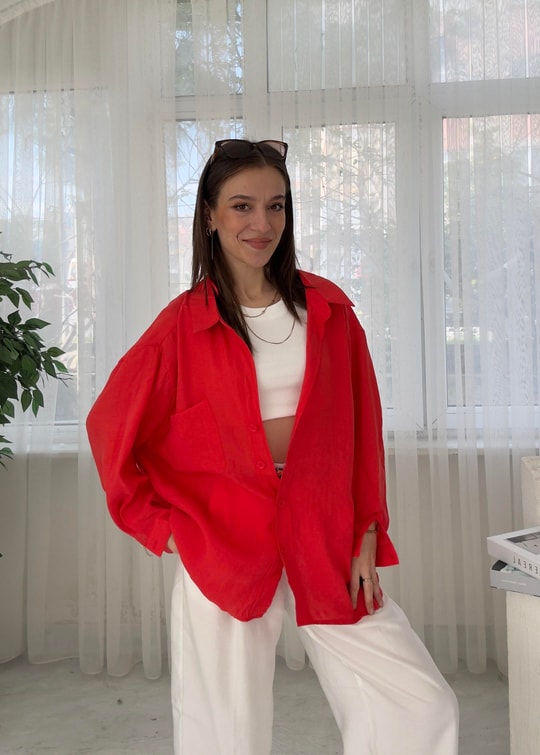 Glodi Kırmızı Düşük Omuz Oversize Gömlek 