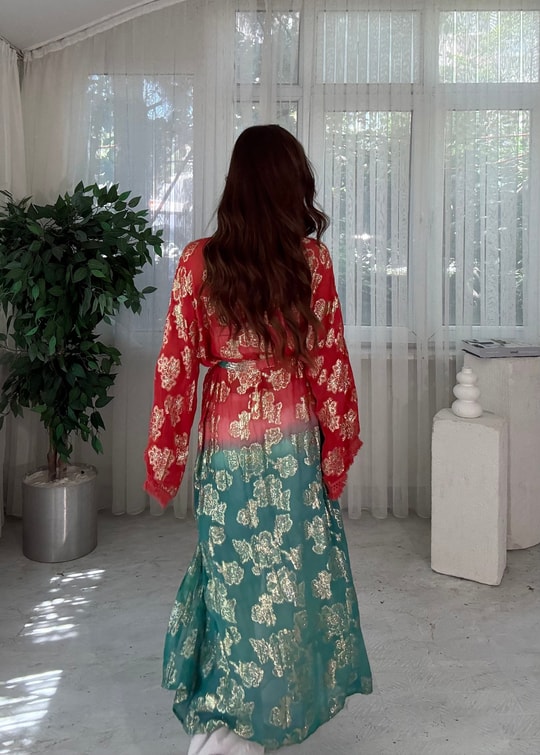 Golden Bloom Kırmızı Mint Altın Desenli Bohem Kimono